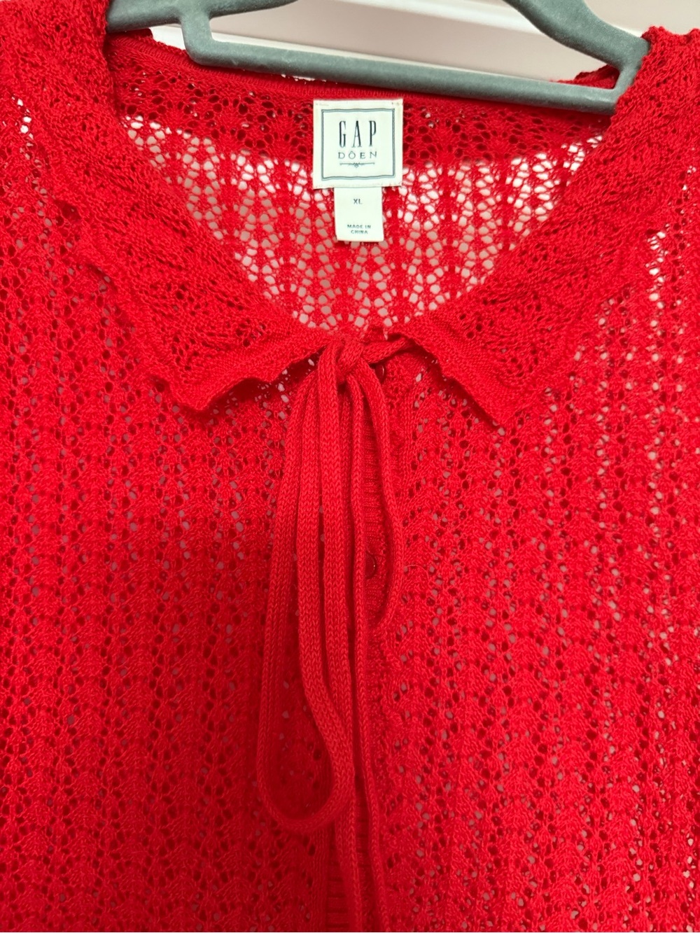 GAP x DOEN Open-Knit Tie-Neck Short Sleeve Blouse in Red - Picture 5 of 7